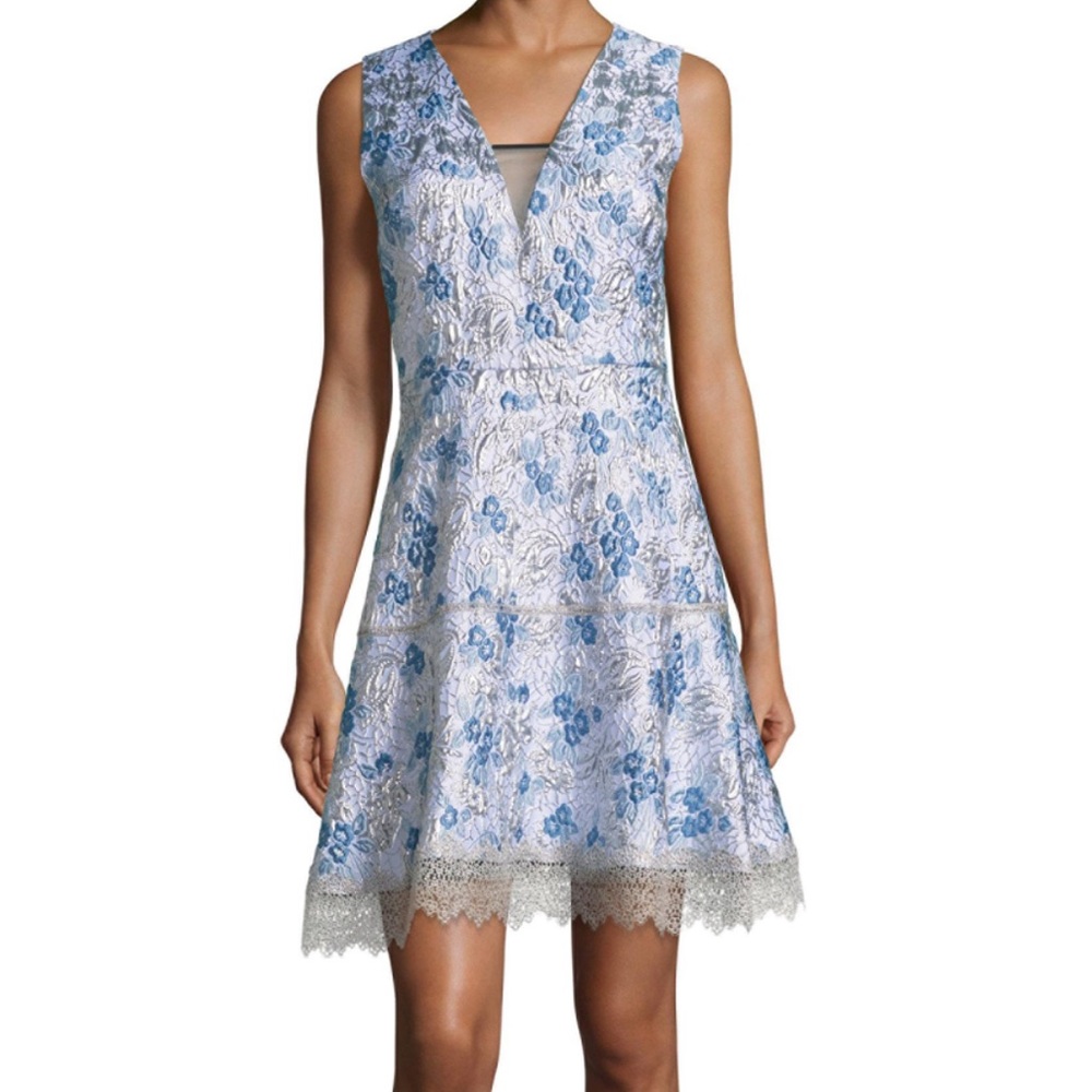 Elie Tahari ARIANNA Dress light Blue metallic eyelet lace Silver babydoll NWT